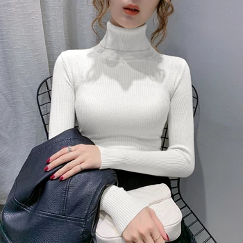 Ženske Elegantne Turtleneck Zimske Puloverje 2020 Moda Dolg Rokav Dame Pletene Vrhovi Korejski Oblačila Slim Roza Osnovne Puloverji