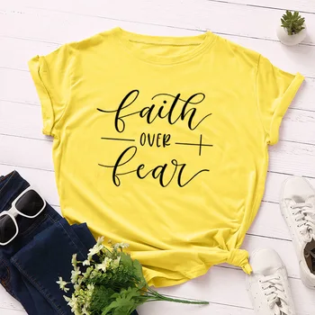 Plus Velikost Pismo Grafični Tumblr Vrhovi Vere Nad Fear Print Christian T-shirt Vere Oblačil Žensk Tshirt Dekle Osnovne Svoboden Tees