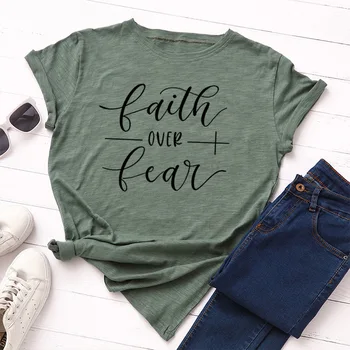 Plus Velikost Pismo Grafični Tumblr Vrhovi Vere Nad Fear Print Christian T-shirt Vere Oblačil Žensk Tshirt Dekle Osnovne Svoboden Tees
