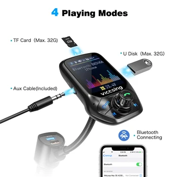 VicTsing Avto Bluetooth, FM Oddajnik Radijski Adapter Oddajnik z 1,8-palčni Barvni Zaslon,QC 3.0,EQ Načini,Aux,Hands-Free Klic
