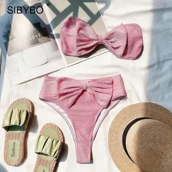 SIBYBO Sparkly Lok Kravato Seksi Bikini Komplet Poletnih Ženske dvodelne Visoko Pasu Push Up Kopalke 2020 Ženski Beach Party Kopalne Obleke