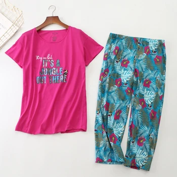Korejski 2019 Nove Poletne Ženske Pižame Bombaž Srčkan Print Pajama Set Top + Capris Elastični Pas Plus Velikost 3XL Salon pijamas S95610