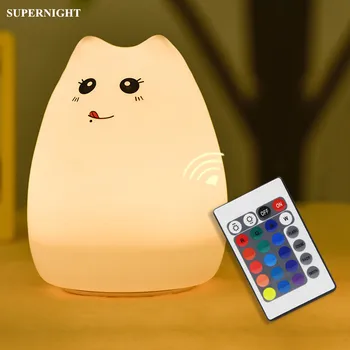Mačka LED Night Light Touch Senzor Daljinski upravljalnik Pisane USB Polnilne Silikonski Spalnica Postelji Lučka za Otroke, Otroci Baby