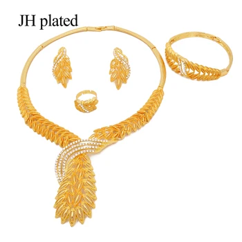 24K zlata barva nakit kompleti za ženske luksuzni ogrlico, uhane, zapestnico, prstan poročne Afriška poroko ornament Obroči nakit set
