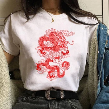 Ulične vrhovi ženske T-shirt ulzzang Harajuku letnik Kitajski zmaj natisni T-shirt poletje novo Oversize svoboden priložnostne ženske