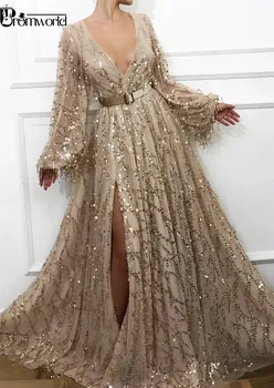 Seksi Režejo Zlato Večerne Obleke 2021 Najnovejše Modne Tiste Čipke Dubaj Savdska Arabski Maturantski Halje Z Dolgimi Rokavi Formalno Stranko Obleko