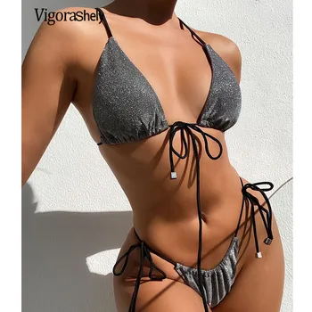 Vigorashely Povodcem Vezani Kopalke Ženske Seksi Backless Bleščice Bikini 2020 Push up Kopalke Brazilski Bikini Komplet kopalke Plavati