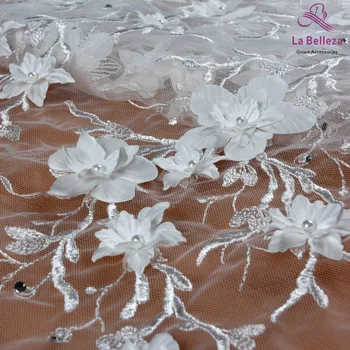 La Belleza 2019 novo čipke tkanina ročno izdelan 3D cvetje kamni poročno obleko tkanine, čipke off white 1 dvorišču
