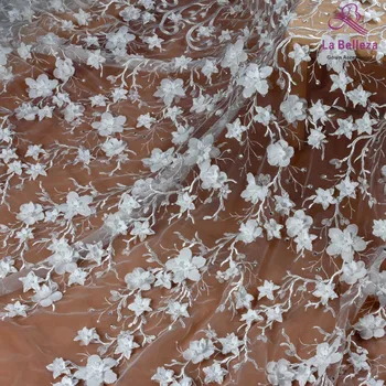 La Belleza 2019 novo čipke tkanina ročno izdelan 3D cvetje kamni poročno obleko tkanine, čipke off white 1 dvorišču