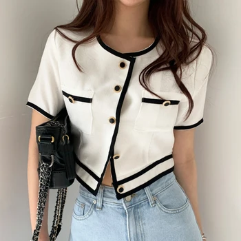 Sannian Rokavi Ženske Obleke Korejski Retro Krog Vratu Kontrast Color Line Design Majica Gumbi Svoboden Kratka Majica Vrhovi