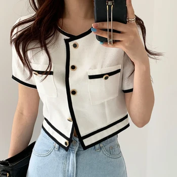 Sannian Rokavi Ženske Obleke Korejski Retro Krog Vratu Kontrast Color Line Design Majica Gumbi Svoboden Kratka Majica Vrhovi