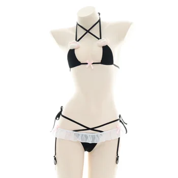 Japonski Seksi Mehko Dekle Kawaii 3D Plišastih Mačje Šapa Bikini Obleko Luštna Bowknot Čipke-Up Modrc & Spodnje Perilo Nastavite Zasebnih Pižami