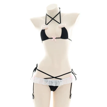 Japonski Seksi Mehko Dekle Kawaii 3D Plišastih Mačje Šapa Bikini Obleko Luštna Bowknot Čipke-Up Modrc & Spodnje Perilo Nastavite Zasebnih Pižami