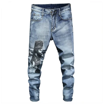Sokotoo Moški znak, natisnjen Trendy jeans svetlo modra slim fit stretch traper hlače koničastimi
