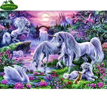 Fantasy Risanka Unicorns V sončnem zahodu Sijaj 5D Diy Diamond Slikarstvo Kit Navzkrižno Šiv Mozaik Needlework Otroci Soba Odlikovanja
