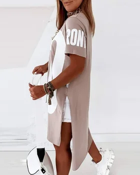 2020 Nove Osnovne Ohlapno Okoli Vratu Pismo Tiskanja Dip Robom T-Shirt Obleko Bombaž Priložnostne Kratkimi Rokavi Ženske Obleke Poletje