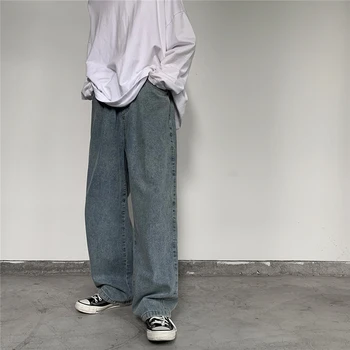 Korejski Slog Svoboden Širok Noge Jeans Za Moške 2020 Modro Vrečko Traper Hlače Kpop Oblačila Moda Jeansy Ulzzang Tovora Kavbojke Moški