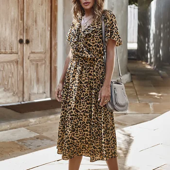 Ženska Leopard Moda Obleko Linije V Vratu Visoko Pasu Boho Poletne Obleke, Ženske Priložnostne Bohemian Midi Obleka Ženske Vestidos