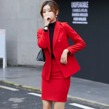 Visoke kakovosti profesionalni ženske obleke, krila nastavite Jeseni novo slim dolgo sleeved red jacket obleko ženski Priložnostne urad hlačni kostim
