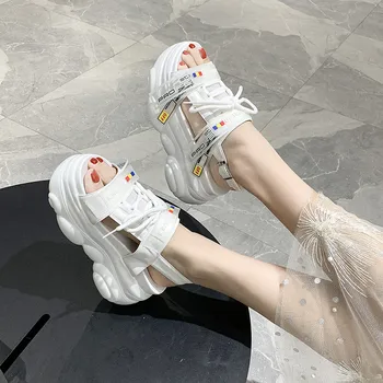 Ženske Sandali 2020 Poletje Debelo Dno Polulal Toe Kristalno Moda Dihanje Ženske Čevlje Z Visokimi Petami Vzročno Open Toe Sandali