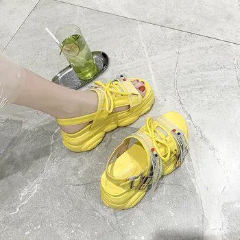Ženske Sandali 2020 Poletje Debelo Dno Polulal Toe Kristalno Moda Dihanje Ženske Čevlje Z Visokimi Petami Vzročno Open Toe Sandali