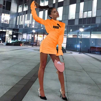 Retro 2020 dolg rokav ruched čisto seksi mini obleka jeseni, pozimi ženski ulične stranka obleke clubwear