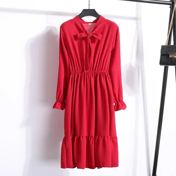 2021 Ženske Obleke Pomlad Dolg Rokav Urad Polka Dot Vintage Obleko Priložnostne Rdeče Cvetlični Jeseni Majica Šifon Midi Obleko Za Ženske
