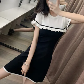2020 Nove Poletne Ženske obleke Črno Bele Kratke Ruffles Mini Obleke S-line korejski O-Vratu Priložnostne Modni Imperij Mozaik Obleko