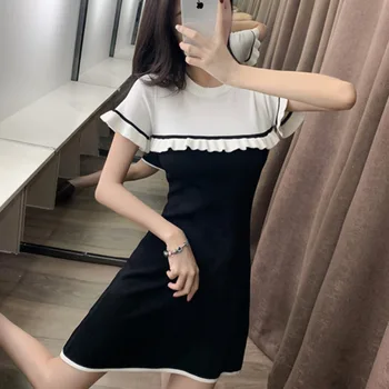 2020 Nove Poletne Ženske obleke Črno Bele Kratke Ruffles Mini Obleke S-line korejski O-Vratu Priložnostne Modni Imperij Mozaik Obleko