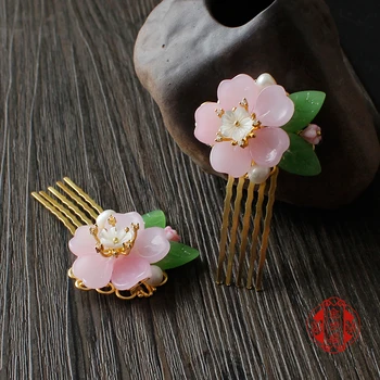Kitajski slog letnik roza Češnje cvetovi Biseri ročno Ostra las Glavnik lase palice pribor za Lase Pokrivala za kimono