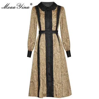 MoaaYina Modni Oblikovalec obleko Jeseni Žensk Obleko z Dolgimi rokavi Beading Čipke Tiskanja Vintage Obleke