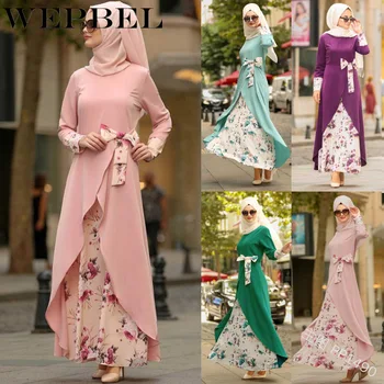 WEPBEL Muslimansko Obleko Žensk O Vratu Poln Rokav Priložnostne Jeseni Cvetlični Lok Abaya Islamske Lady Elegantno Maxi Obleke