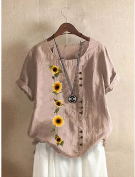 DIOROBBEN 2020 Ženske Priložnostne Svoboden Kratek Rokav Bombaž Perilo Majica Daisy tiskanja poletnih vrh Ženski Elegantni O-Vratu žensk bluze