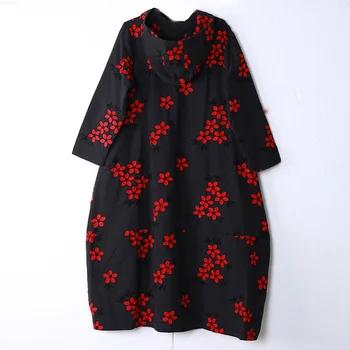 Johnature Ženske Vezenje Cvetlični Maxi Obleko Hooded Vintage Plašč 2020 Pomlad New Visoke Kakovosti Svoboden Kitajski Bombaž Perilo, Obleko