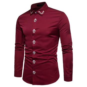 2018 Moški Priložnostne srajco z Dolgimi rokavi prišlekov Kitajski slog Ovratnik strani vezenje vzorec Bombaž obleke, srajce EU/ZDA velikost
