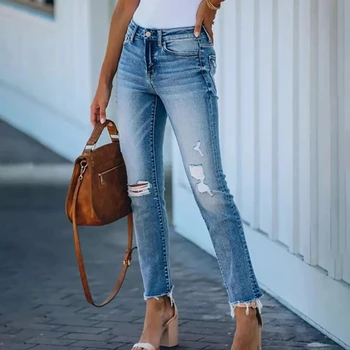 Plus Velikost Ženske Jeans Stretchy Modra Stiski Traper Raztrgane Hlače, Hlače Z Luknjami Skinny Jeans Za Ženske Jeseni Leta 2020 Oblačila