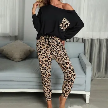 2021 Leopard Homewear Obleke, Ženske Jeseni Priložnostne Majice Vrvico Sweatpants Salon Nositi Modni Pajama Določa Elastična Sleepwear
