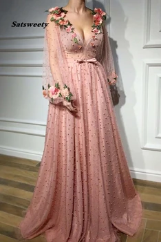 3D Cvetlični Dolg Rokav Roza Prom Obleke Pearl Beaded V Vratu Formalno Večernih Oblek