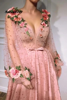 3D Cvetlični Dolg Rokav Roza Prom Obleke Pearl Beaded V Vratu Formalno Večernih Oblek