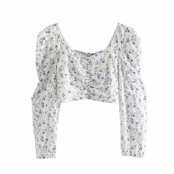 XNWMNZ za Ženske do leta 2020 Sweet Modni Cvjetnim Tiskanja Gumbi Odrezana Vintage Bluze Puff Rokav Nazaj Elastična Ženske Majice Elegantna Vrhovi