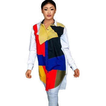 Mozaik Kontrast Barve, Dolg Rokav Shirt Obleko Ženske 2020 Znižuj Ovratnik Gumb Asimetrični Shirt Obleko Priložnostne Jeseni Obleko