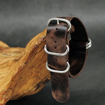 Vintage Kravje Usnje Nato Zulu Trak Watch Band 18 mm 20 mm 22 mm 24 mm Srebrna Petih Prstanov Sponke za Gledanje Dodatki