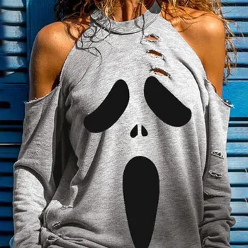 SEBOWEL Halloween Duha Hladno Ramo ženska Majica Retro Stiski Ženski Dolg Rokav Zdrobljen Luknje Vrhovi Oblačila S-XXL