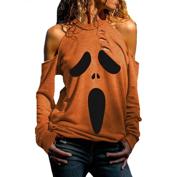 SEBOWEL Halloween Duha Hladno Ramo ženska Majica Retro Stiski Ženski Dolg Rokav Zdrobljen Luknje Vrhovi Oblačila S-XXL