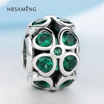 NBSAMNG 925 Sterling Srebro Zeleno Kristalno Srečen Štiri deteljico Kroglice Čare Fit Zapestnice & Bangles DIY Nakit