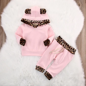 Newborn Baby Oblačila Za Otroke, dekleta Leopard nastavite Bebek Hooded Majica Vrhovi+Hlače, Obleke Trenirko Otroci Oblačila Sklop