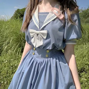 Harajuku Mornar Ovratnik Mornarsko Obleko Japonski Sweet Lolita Lok-vozel Dekle retro Bombaž Kawaii Preppy Stil, Dolg Rokav Obleka