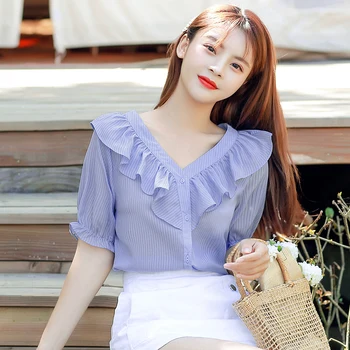 Modre Proge Šifon Bluzo Rokavi Ženske 2020 Moda korejskem Slogu Poletje Kratek Rokav Proti-vrat Blusa Vrhu Ženska Oblačila