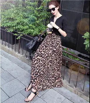 TingYiLi Poletje Ženske Dolgo Leopard Tiskanja Krilo Elastična Visoko Pasu Šifon Naguban Slim Fit Priložnostne Maxi Krilo