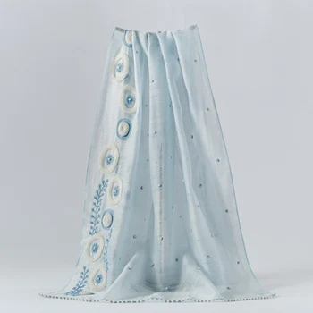 Visoka kakovost Japonski slog ročno modra/roza vezenje beaded pearl svila volna šal šal velikost:70*190 cm(suho čiščenje)